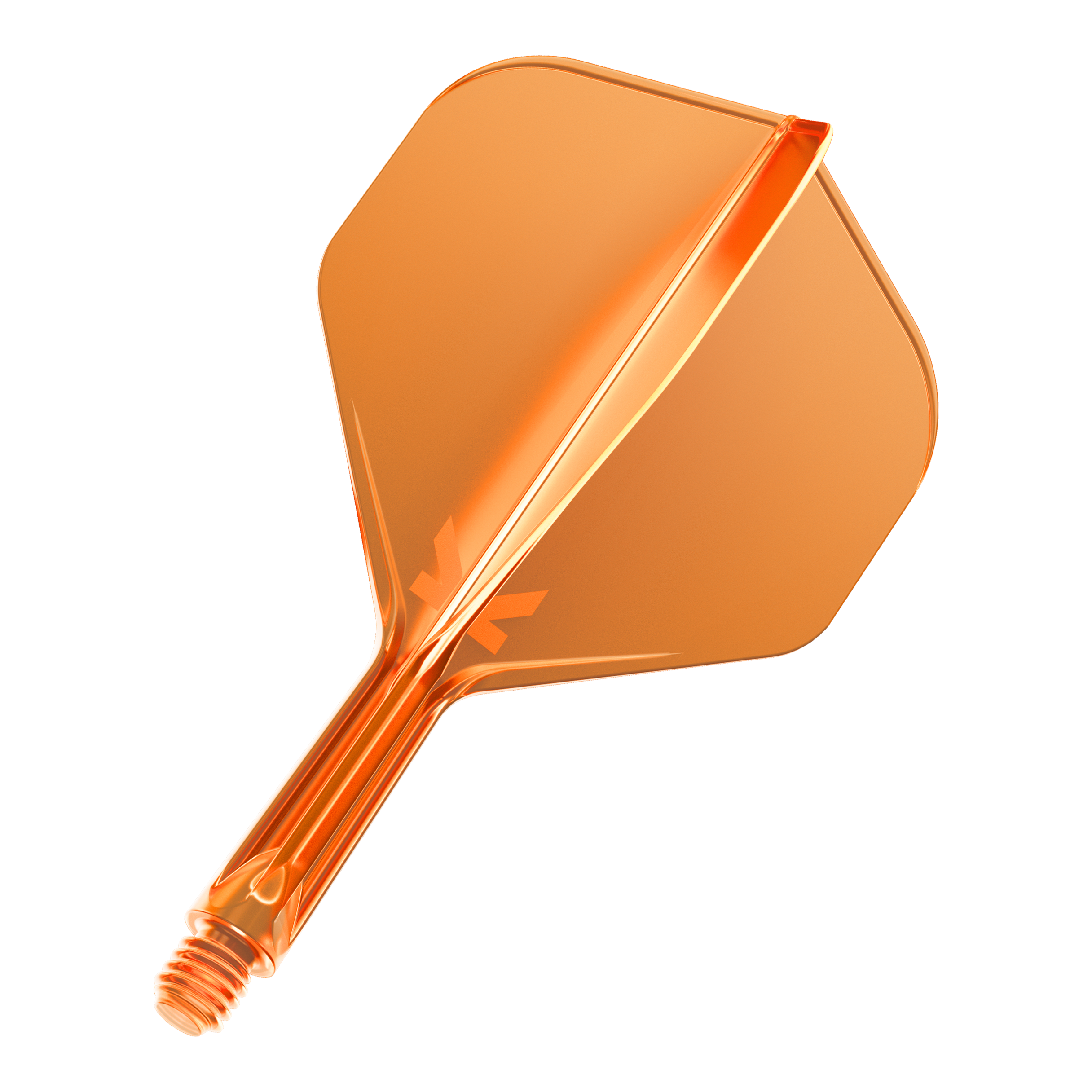 Dies ist ein neonorangefarbener Dartflight mit einem integrierten Schaft. Er hat eine glänzende Oberfläche und eine standardisierte Form.